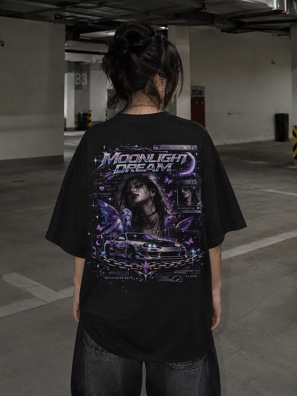 Moonlight Dream Graphic T-Shirt — Retro Car, Neon Anime Night