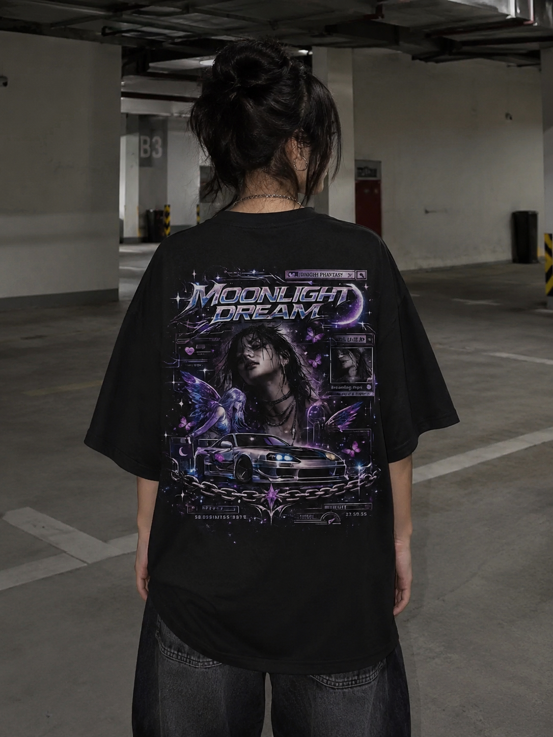 Moonlight Dream Graphic T-Shirt — Retro Car, Neon Anime Night